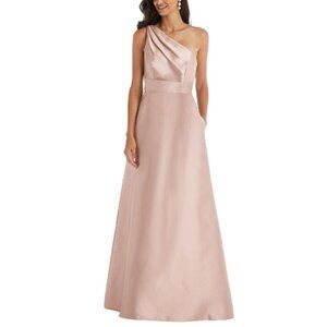Alfred Sung Draped One-Shoulder Satin Maxi Dress With Pockets Toasted Sugar 14R